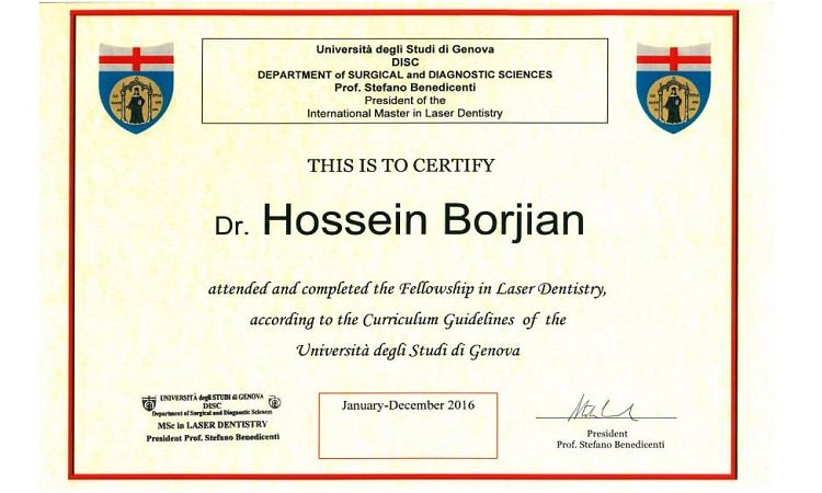 Dental laser specialist fellowship from the University of Genoa | The best gum surgeon in Isfahan