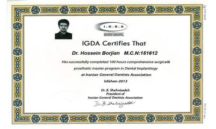 Mastership of dental implants from IGDA dentists association | The best cosmetic dentist in Isfahan