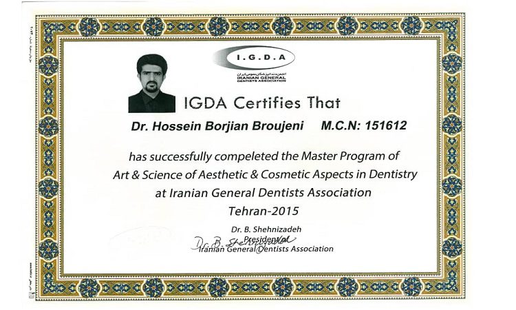 Mastership in Cosmetic Dentistry from the IGDA Dental Association | The best implant in Isfahan